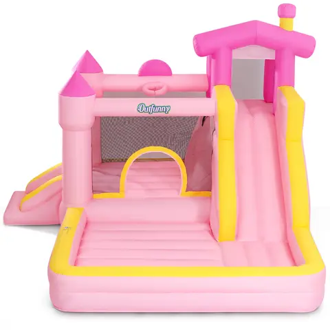 Outfunny Unisex Kiddie Inflatable Playground - 420D Oxford Fabric, 6-in-1 Zones with Slide, Ball Pit, Climbing, Hoop, 450W Blower, Hand Pump, Indoor/Outdoor Play for 3-8 Years Gross Motor Play Safety-Focused Gift