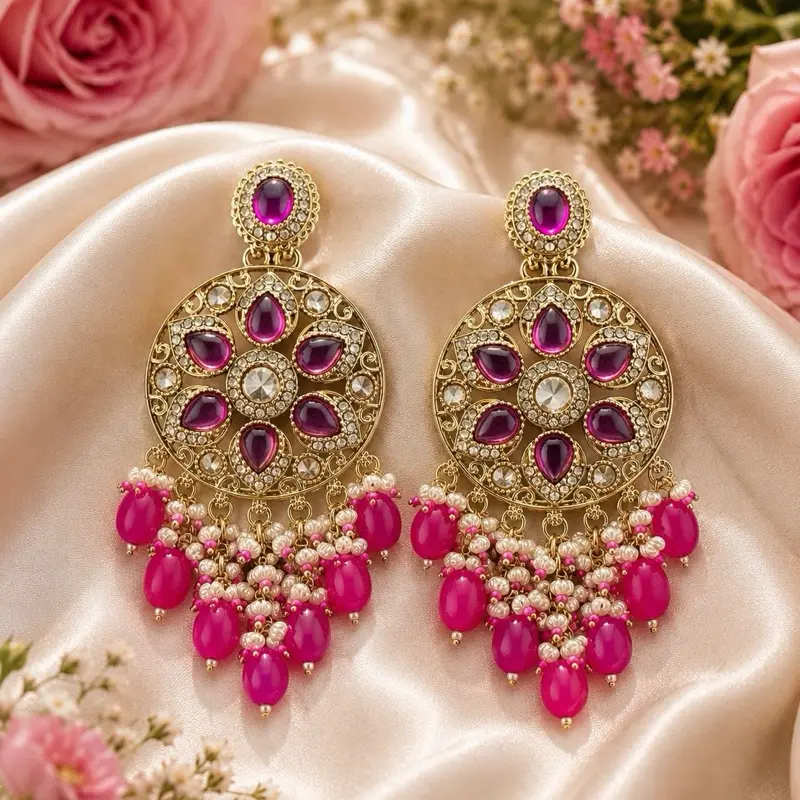 Handcrafted Chandbali Chandelier Earrings | Polki Inspired Pearl Drop Earrings