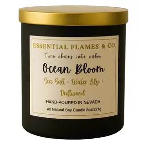 Essential Flames & Co Ocean Bloom 8oz Candle - Sea Salt Water Lily & Driftwood Scented Hand Poured in Nevada All Natural Soy Wax