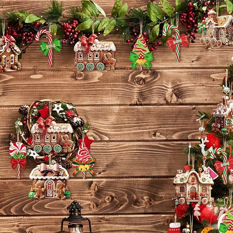24pcs/Set Hangable Wooden Gingerbread Christmas Tree Ornaments - 2D Flat Candy-Theme Decor Pieces: Lollipops, Donuts, Cake Houses, Trains, Peppermints for Holiday Party, Winter Home Displays