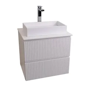Ares 23.5 Matte White Cabinet, Solid Surface Flat White Counter And Infinity Square Solid Surface White Basin 1329, Wall Mounted Modern Vanity Set