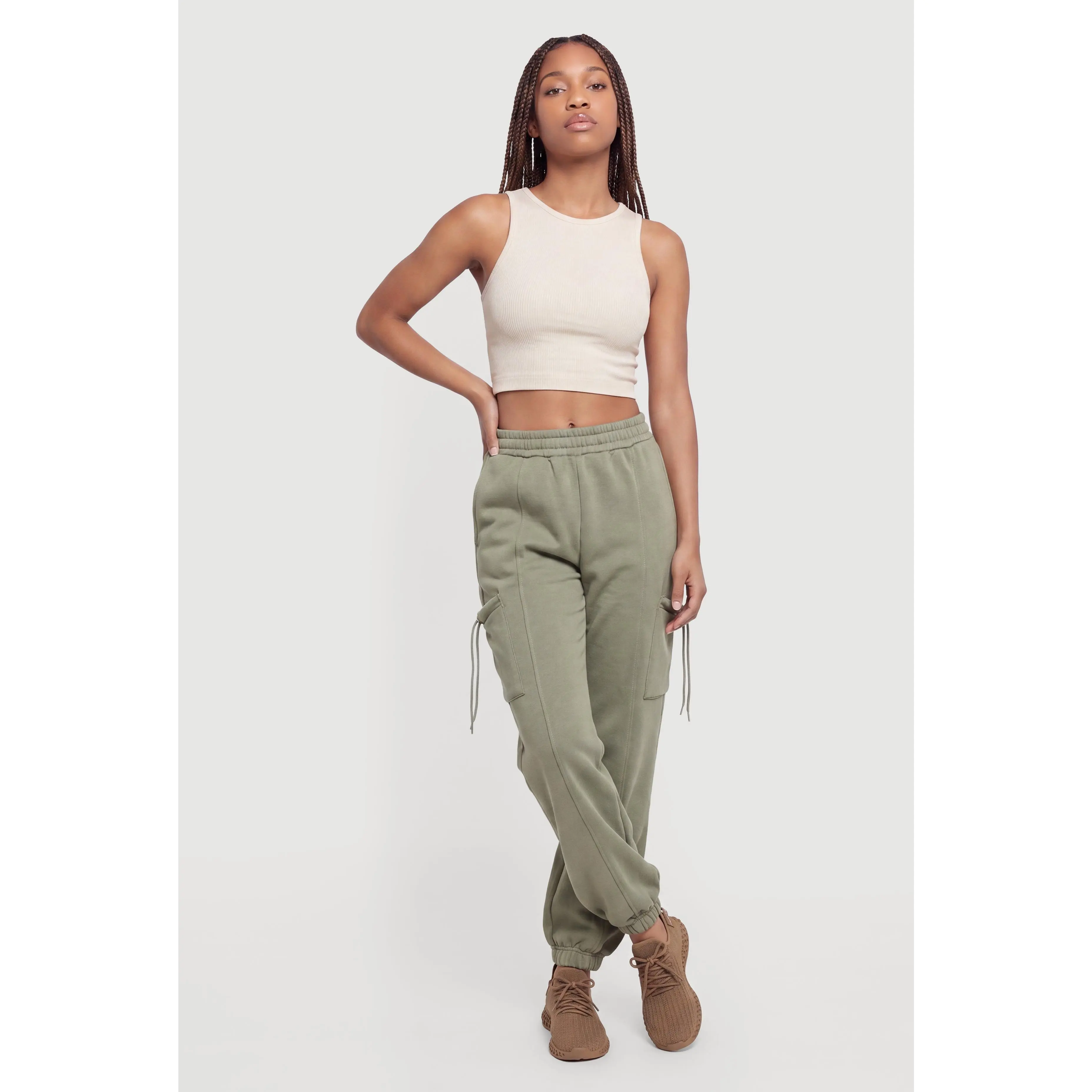 Mid Rise Smocked Waist Drawstring Cargo Pocket Joggers