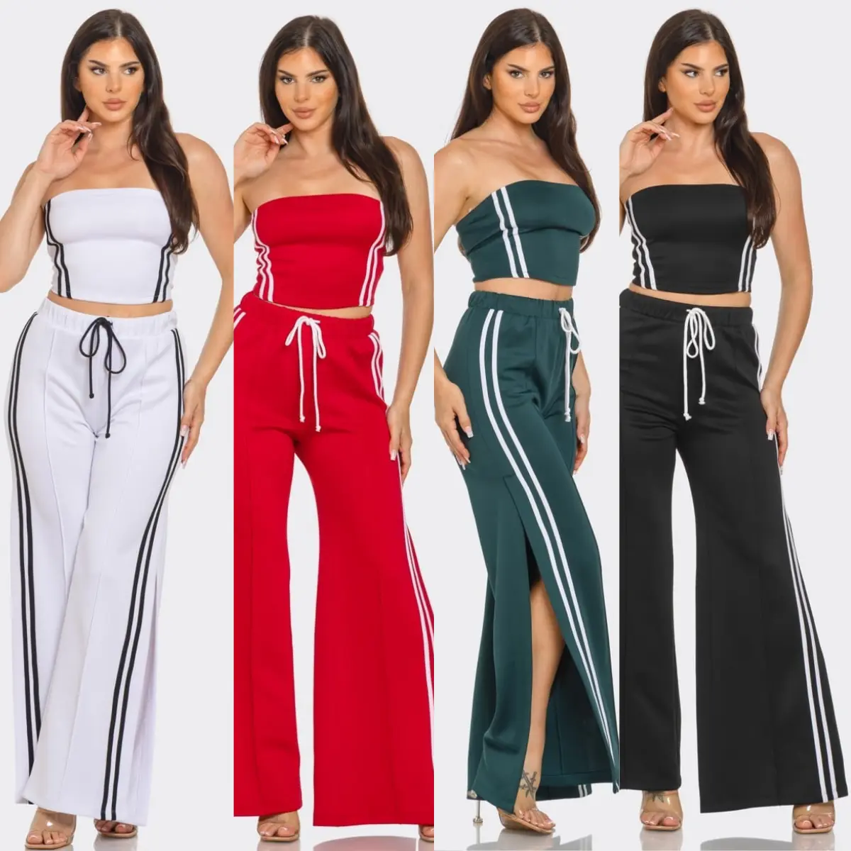 Laila Sleeveless Solid Side Two Stripe Detail Tube Crop Top and Side Slit Flare Pants Set - Loose Fit Polyester Fabric for Casual Chic Women's Wear