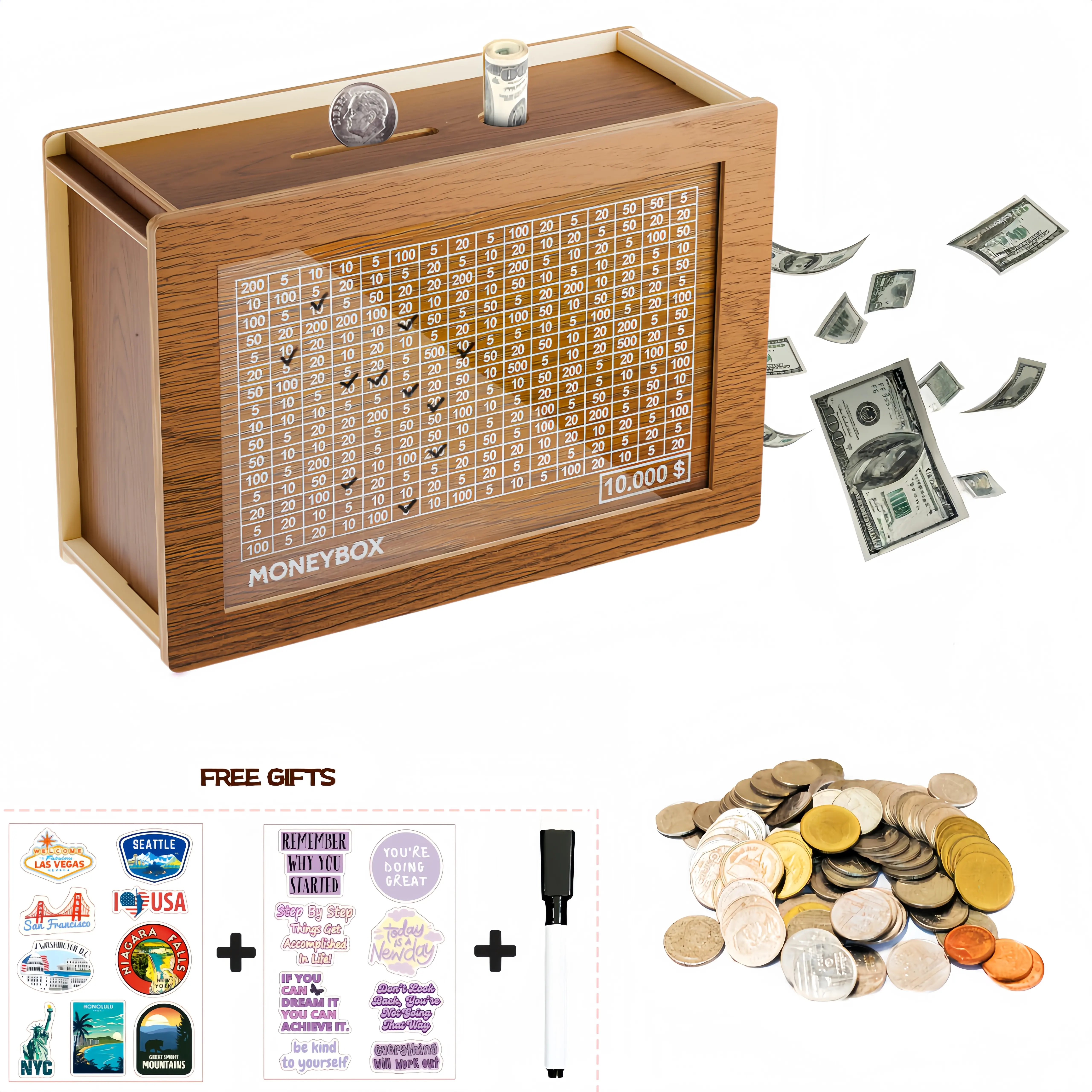 Sticker version Wooden Money storage jar Money Bank, Countdown Money Saving Box with 10000 Dollars Target, Money storage jar with Money Target and Numbers to Check for Boys Girls (10000 USD) #summervibes