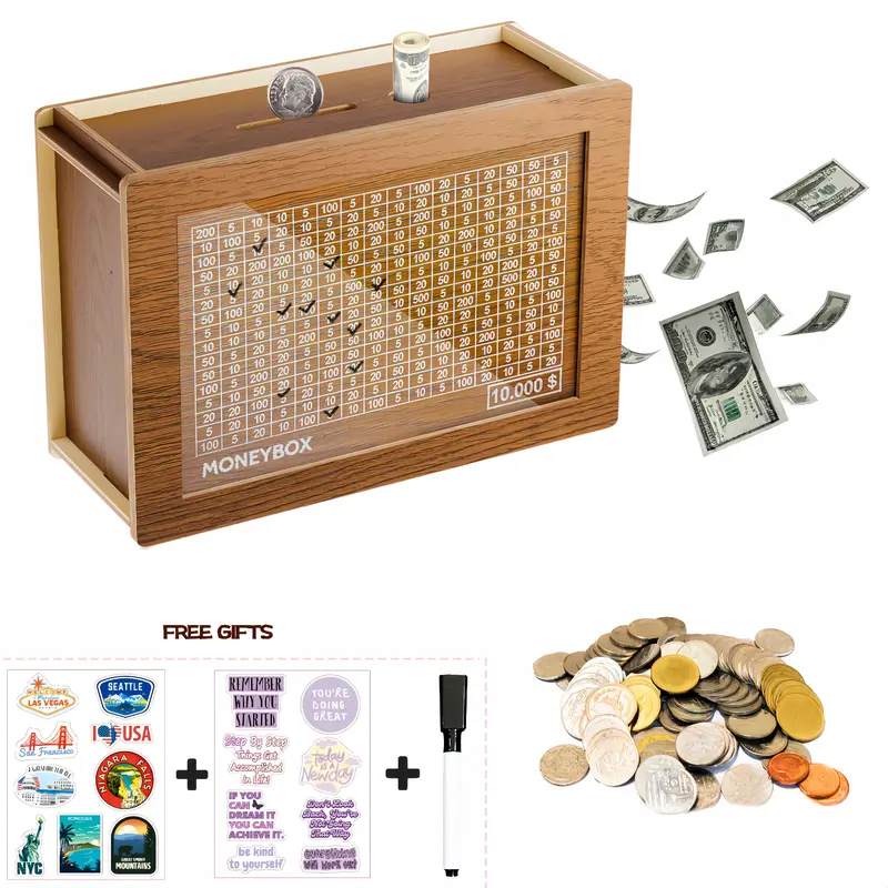 Sticker version Wooden Money storage jar Money Bank, Countdown Money Saving Box with 10000 Dollars Target, Money storage jar with Money Target and Numbers to Check for Boys Girls (10000 USD) #summervibes