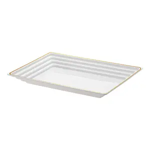 9" x 13" White with Gold Rim Rectangular Plastic Serving Trays