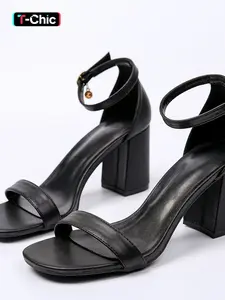 Elegant Chunky Heel Sandals with Ankle Rhinestones, Perfect for Work and Dates, Summer Essential, One Strap Design, Rubber Footwear