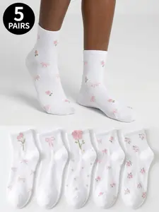 5 pairs of white and pink women's ankle socks Featuring floral and bow embroidery designs Breathable and comfortable mid-calf socks Ideal for everyday wear Perfect for spring and summer seasons
