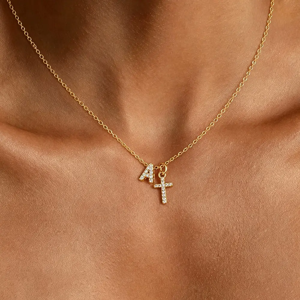 Personalized Initial and Cross Link Necklace for Women, Christian Faith Jewelry for Baptism