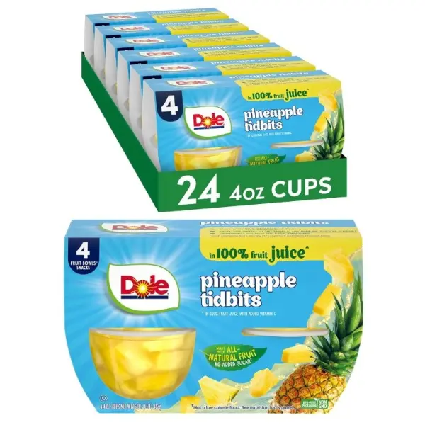 Fruit Bowls Pineapple Tidbits in 100% Juice Snacks, 4oz 24 Total Cups, Gluten & Dairy Free, Bulk Lunch Snacks for Kids & Adults