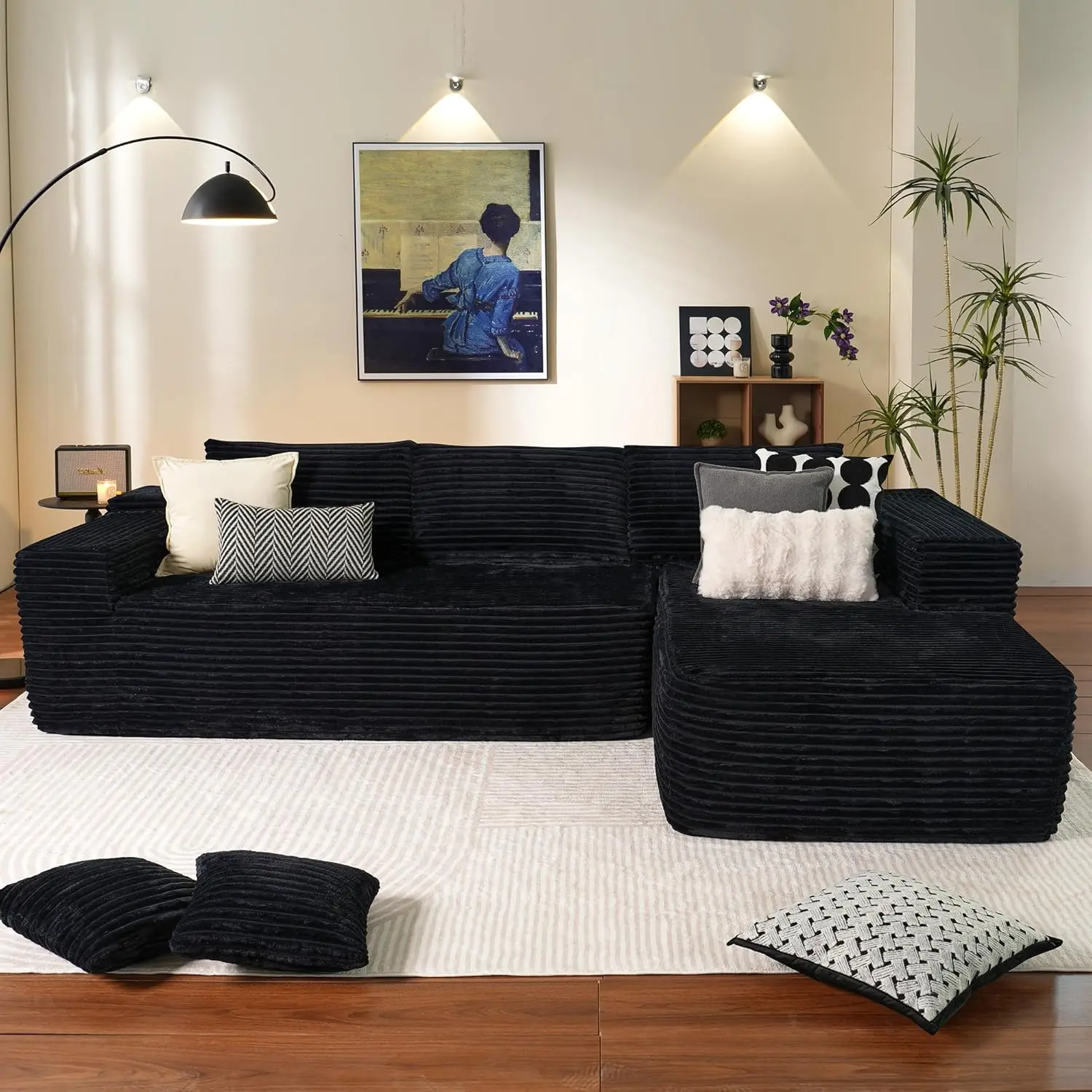 Black Plush Corduroy Right Chaise