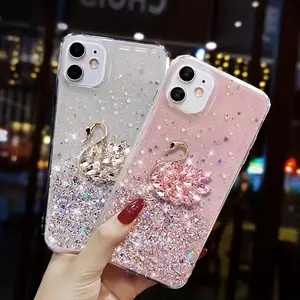 Glittery Pink Goose Design Epoxy Case for Iphone Models 11, 12, 13, 14, And 16, Providing Protective Coverage