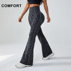 Women's High-Waisted Flared Yoga Pants, Hip-Lifting Sports Wide-Leg Pants, Leopard Print Fitness Yoga Bell-Bottom Pants