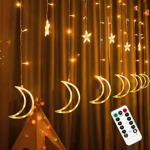 Romantic Star Moon Curtain String Lights 11.48ft 138 LED Window Lights with Remote 8 Modes Warm White Fairy Lights for Wedding Backdrop and Reception Decor