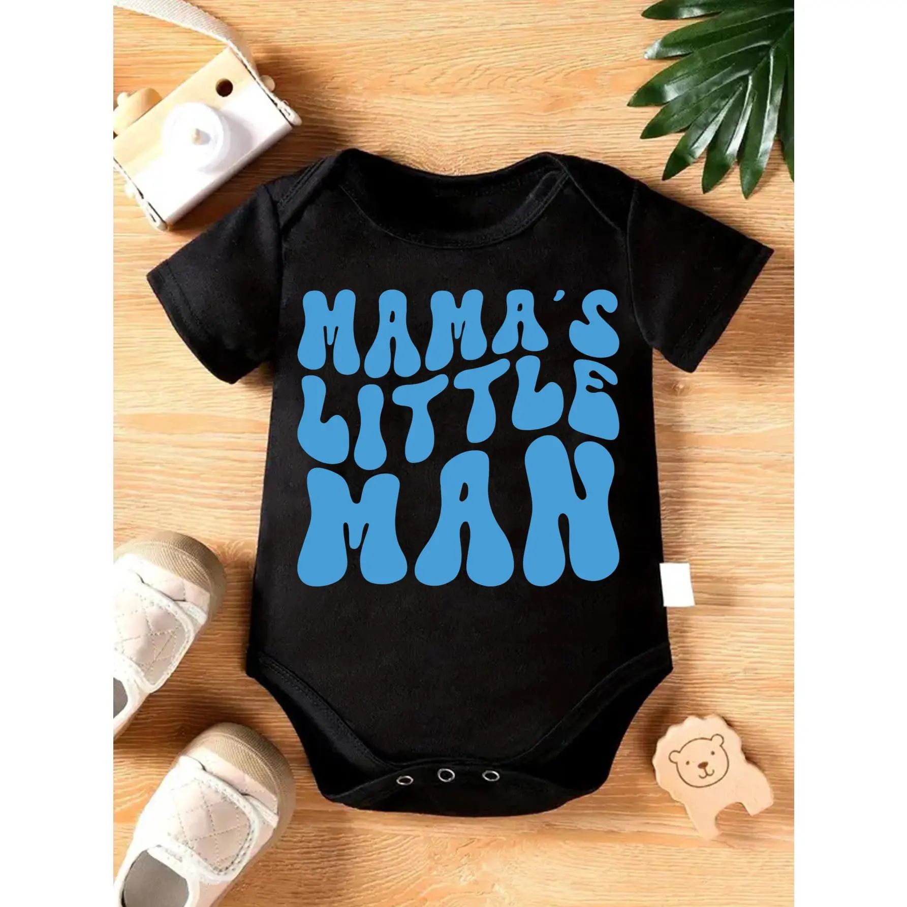 Cute Baby Bodysuit With Mama S Little Man Print Soft Versatile Round Neck Button Detail Regular Fit All Seasons Knitted Fabric Onesie