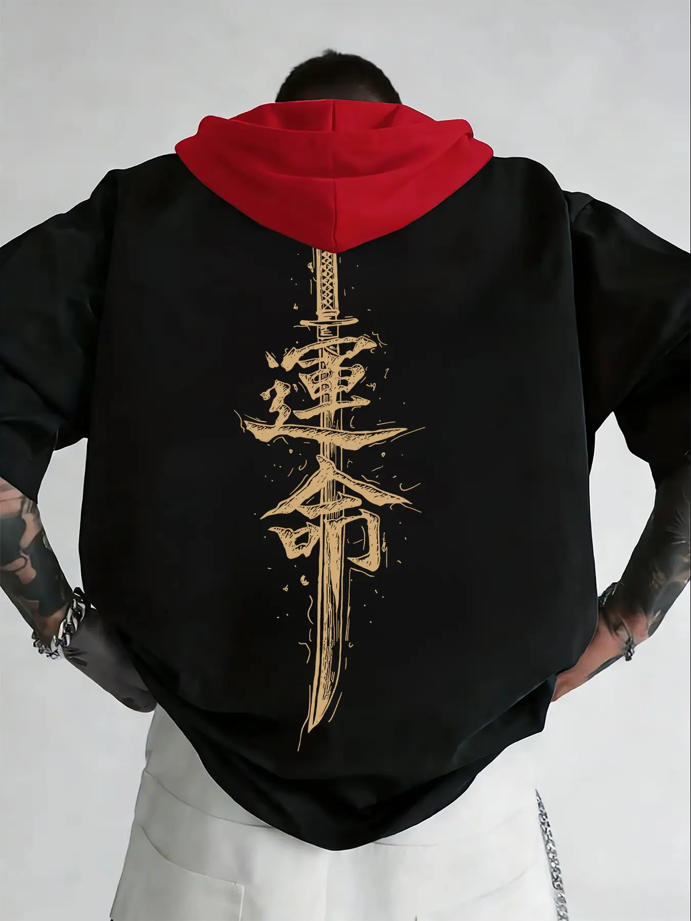Men's "Fate" Sword Art Double-Sided Graphic Print Color Block Hooded T-Shirt, Casual Streetwear Long Loose Fit Tee, Breathable Summer Hoodie Top #FatePrintHoodie #JapaneseStreetwear #DoubleSidedHoodedTee #ColorBlockTShirt #TikTokMadeMeBuyIt
