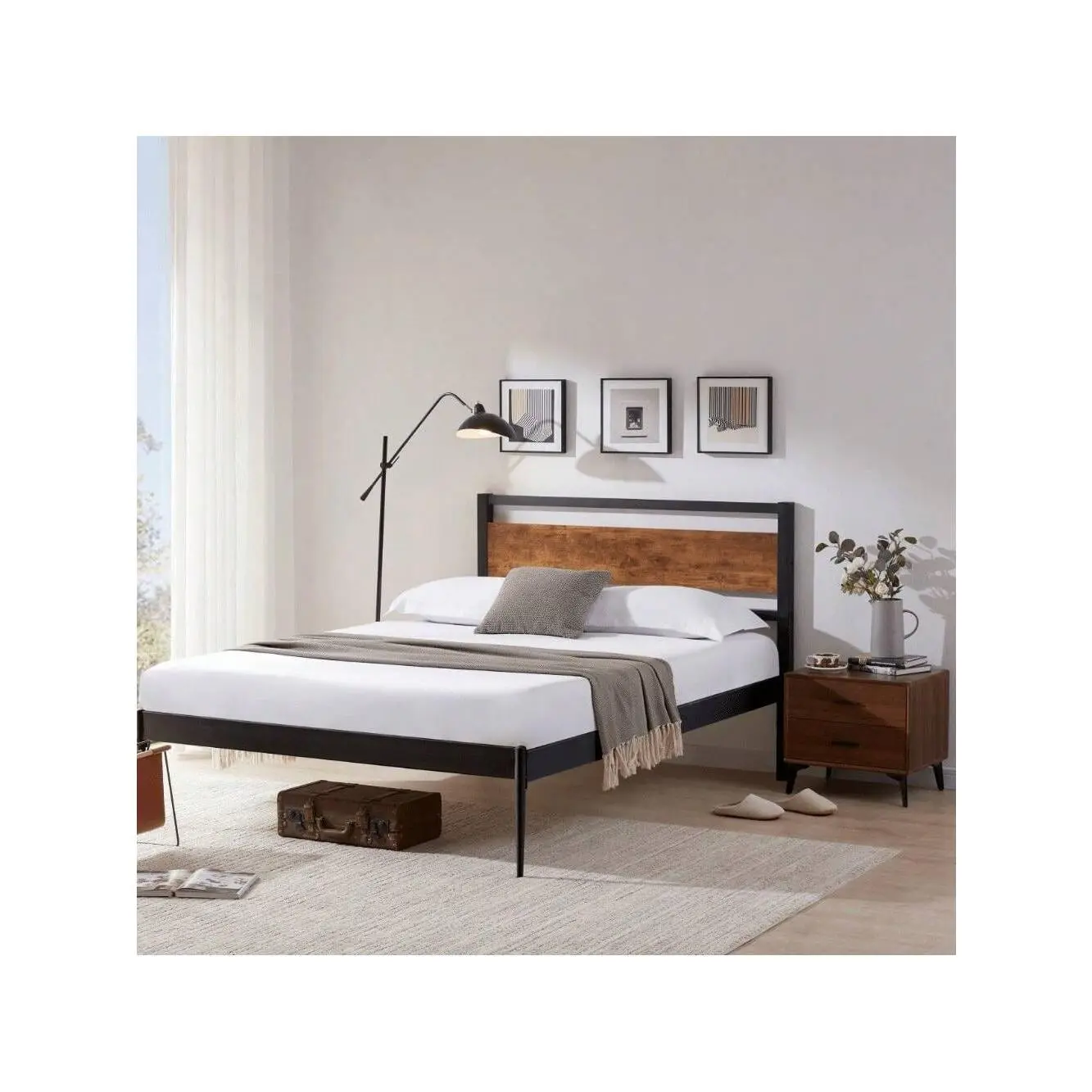 Wood Headboard King Size Bed, King Headboard Only With Rustic Solid Wood Board Easy Assembly King Headboard With Metal Slats Sturdy, Headboards For Adjustable Bed, 39'' Tall, Rustic Brown.Fia