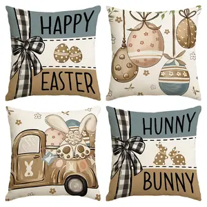 4pcs Easter Happy Pillow Cover, Truck Cute Rabbit Bunny Doll Bow Egg Single sided Printed Cushion Cover, 18 * 18 inches, Zipper Sealed, Farmhouse Festival Party Decoration, Suitable for Room Living Room Home Sofa Decoration (No Pillow Core)