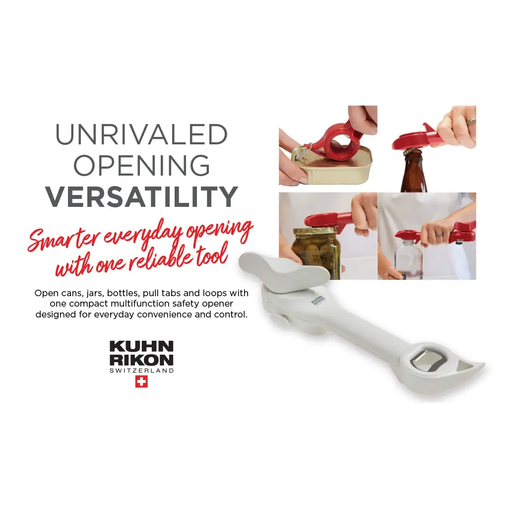 Kuhn Rikon Auto Safety Master Kitchen Opener - 5-in-1 No-Sharp-Edge Can, Soda Can, Beverage Can, Jar Lid Opener