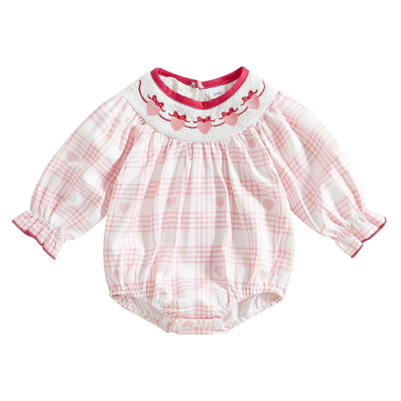 Baby Girls Valentines Day Outfit Infant Bubble Smocked Romper Long Sleeve Crew Neck Onesie Heart Plaid Spring Fall Bodysuit Cute Clothes