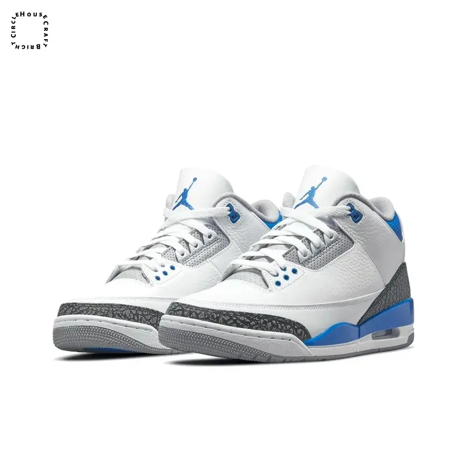 White-Blue-Grey Leather Mid-Top Sneakers with Dark Grey Elephant Print and Racer Blue Heel Details