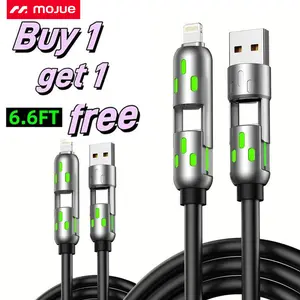 #SummerVibes [Buy 1 Get 1 Free] 6.6ft 4-in-1 Multi USB Charging Cable with USB A,Type C,Lightning-MAX65W Fast Charging & Data Sync for iPhone16/15,iPad Pro, fast charger usb cable 4-in-1 fast Breathing Light -max 1 usb-c data 4 1 charging cable