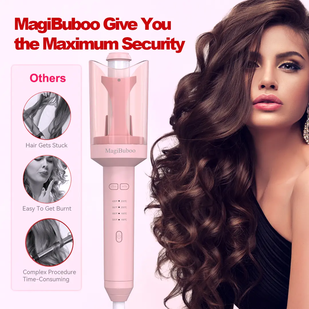 Fully Automatic Curling Iron (1.25 Inch) -  with Million-Grade Negative Ions & Ceramic Coating for Damage-Free Styling, 4 Temperature Settings, 2-Way Rotation, Anti-Scald & Anti-Tangle, 60-Min Auto Shut-Off Pink hair curler straight