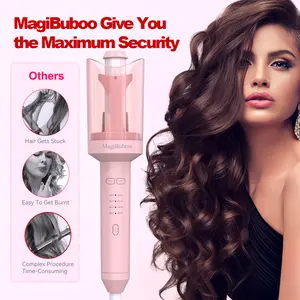 Fully Automatic Curling Iron (1.25 Inch) -  with Million-Grade Negative Ions & Ceramic Coating for Damage-Free Styling, 4 Temperature Settings, 2-Way Rotation, Anti-Scald & Anti-Tangle, 60-Min Auto Shut-Off Pink hair curler straight