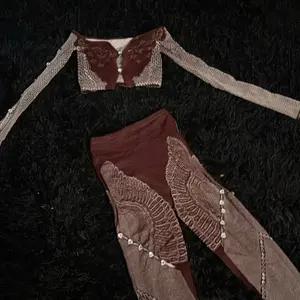 Sexy Brown Poster Girl Set with Lace Detail and Pearl Accents for Stylish Outfits