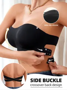 Women's Wireless Strapless Corset Bra with Side Buckle Design, Medium Support & Plain Pattern, Daily Wear Lined Underwear for All Seasons