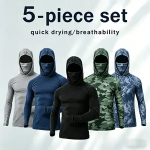 Men's 5-Piece Quick Dry Hoodie Set - Polyester Fabric, Face Covering, Breathable Sun Protection, Tactical Athletic Fashion Activewear, Dry Fit Performance Outdoor Sportswear, Fishing Tees, Ideal Father's Day Gifts