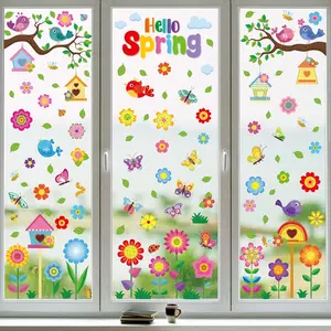 Vibrant Spring & Summer Window Clings - 9 Sheets 127PCS Removable & Double-Sided with Flowers Butterflies Birds Birdhouses - Window Stickers for Glass Windows Home Classroom Office Store Decorations