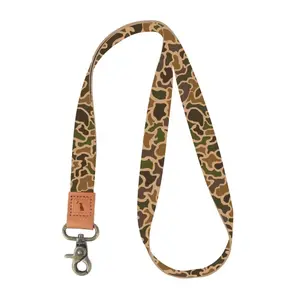 Old School Camo Long Lanyard with Leather Feature and Metal Clasp Old School Camo Long Lanyard with Leather Feature and Metal Clasp