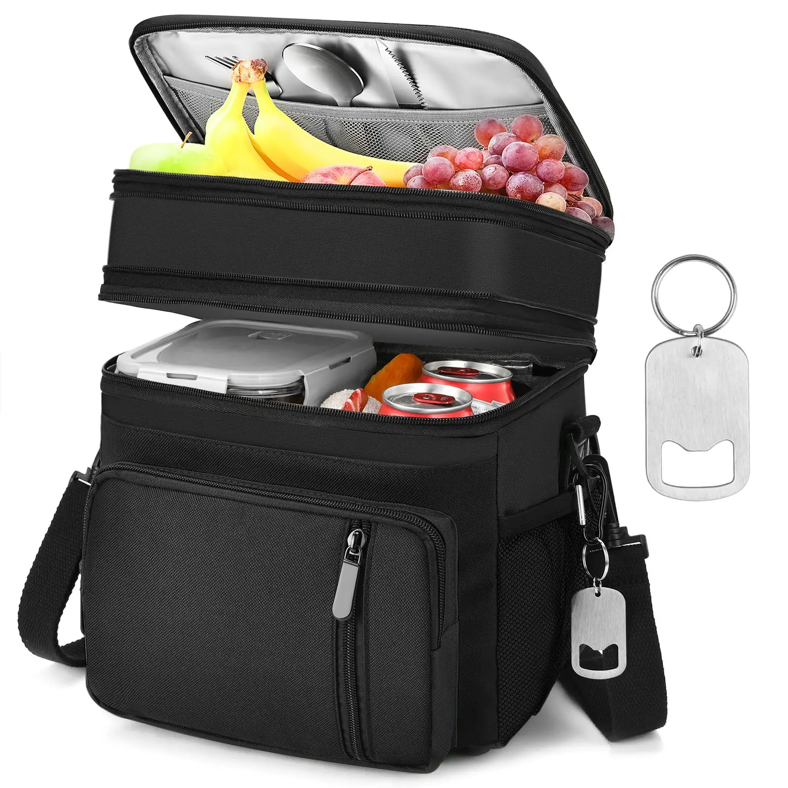 LOKASS Double Deck Expandable Insulated Lunch Bag - Waterproof, Leakproof Cooler Bag for Men - Ideal for Work, Picnic with Snacks, Drinks, Beer, Fruits Storage, Black