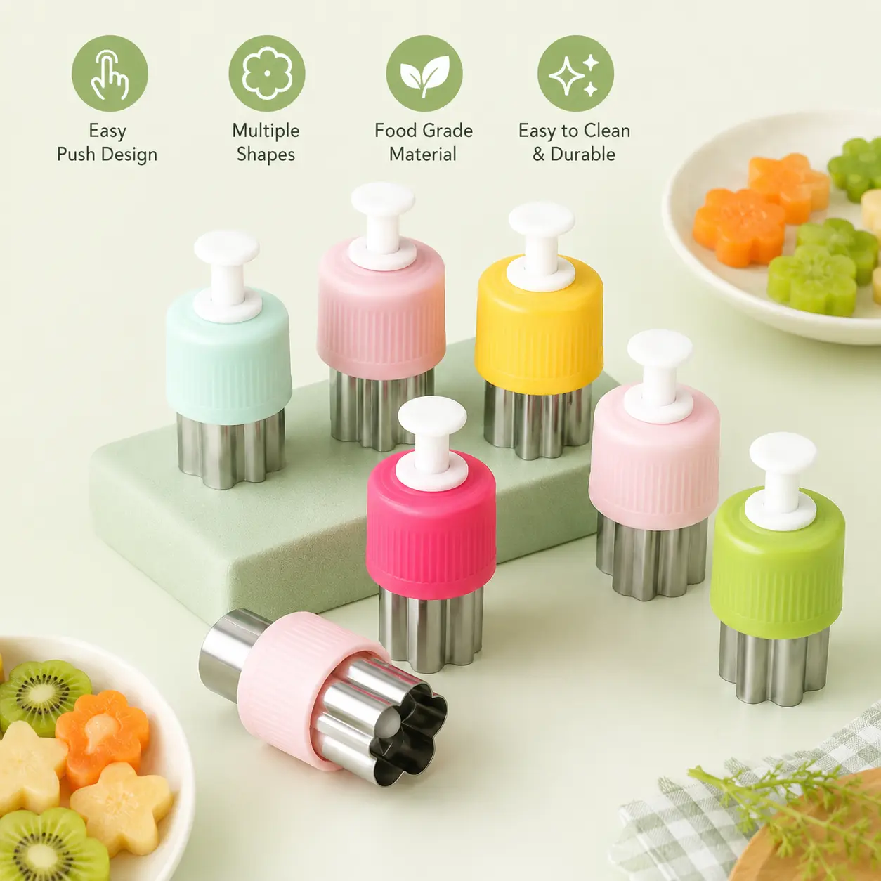 5 Pieces Handheld Push Vegetable Fruit Cookie Cutter Molds, Stainless Steel Multiple Shapes Easy Press Tool for Baking Food Cutting and Plating