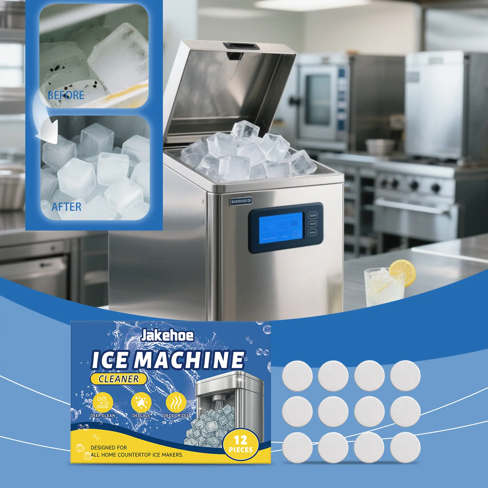 Ice Machine Cleaner Maker Descaler - 12 Clean Tablets for Kitchen Ice Machine, Compatible with Opal, Helps Remove Hard Wate, Mineral Deposits, Citric Acid