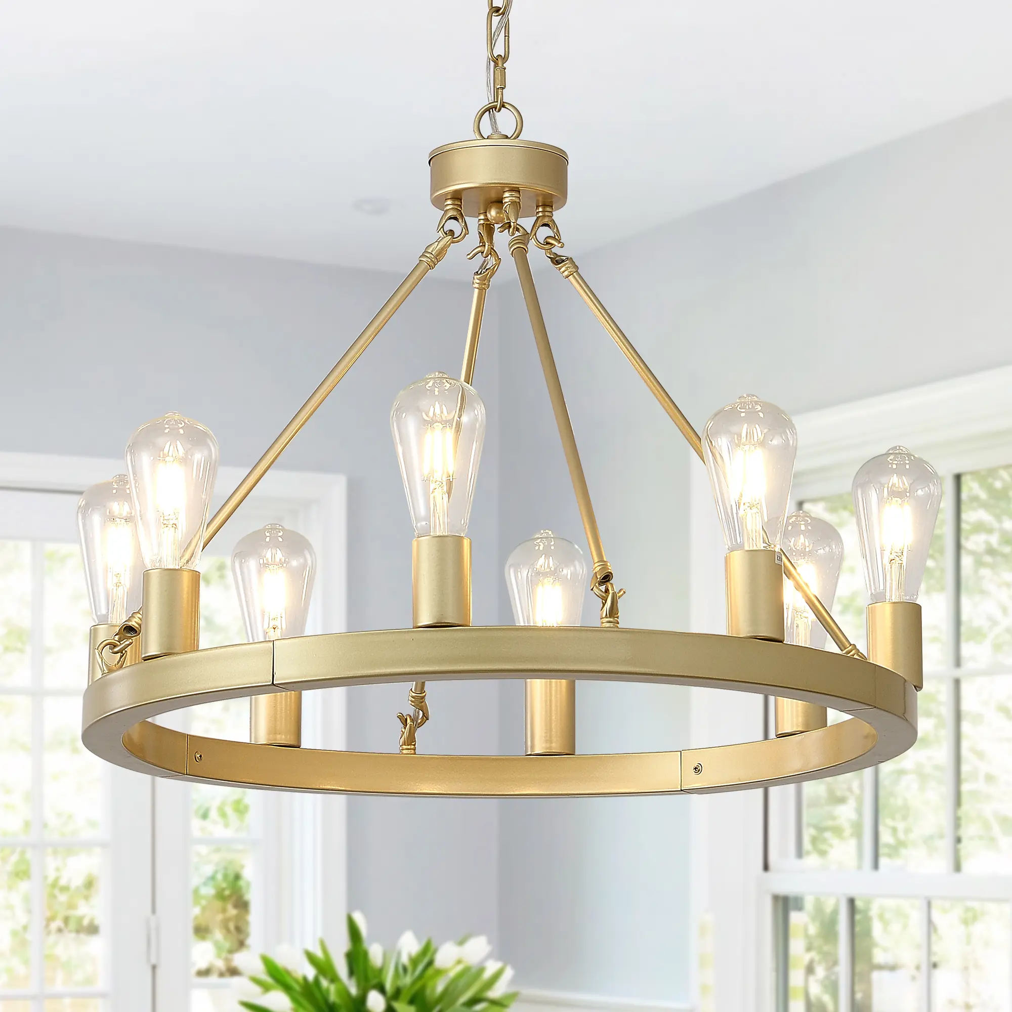Gold 8-Light Wagon Wheel Iron Metal Chandelier Ceiling Light Fixture, 23.62 in l x 23.62 in w x 16 in h, Ideal for Dining Room, Kitchen, Photos & Hosting Events, Ceiling Lights, Focal Point