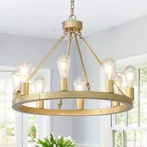 8-Light Wagon Wheel Gold Chandelier Light Fixture for Dining Room Kitchen