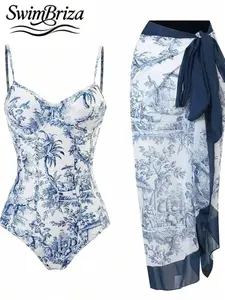 Briza｜Structured One Piece Swimsuit With Blue Toile Print And Sheer Sarong, One Piece Bathing Suit Women Set And Swim Sets For Women With Swimsuit Cover Up For Women For Vacation Swimwear For Women And Retro Swimwear Resort Days