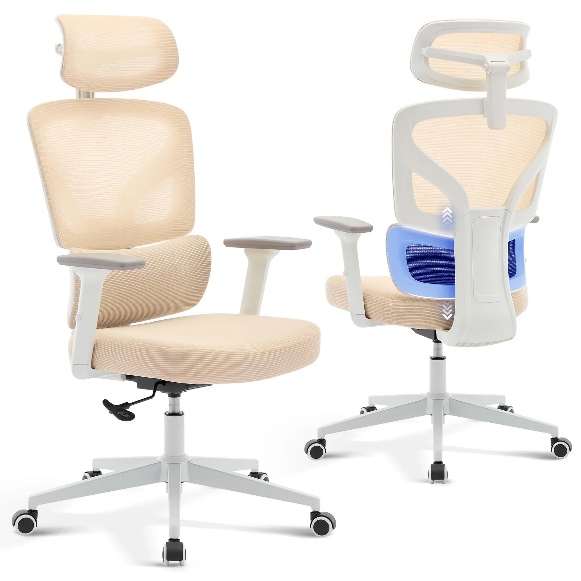 Garvee Ergonomic Adjustable High Back Office Chair for Adults - Supportive Sitting, Breathable Beige Mesh, White Frame, Metal Base, 360-Degree Swivel, Height Adjustment, Double Spring Backrest, 136 kg Capacity, WFH Setup, Good Posture, Simple Assembly, Me