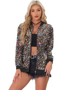INSPIRE CHIC Sequined Shiny Jackets Women's Long Sleeve Party Zipper Blazer Bomber Jacket