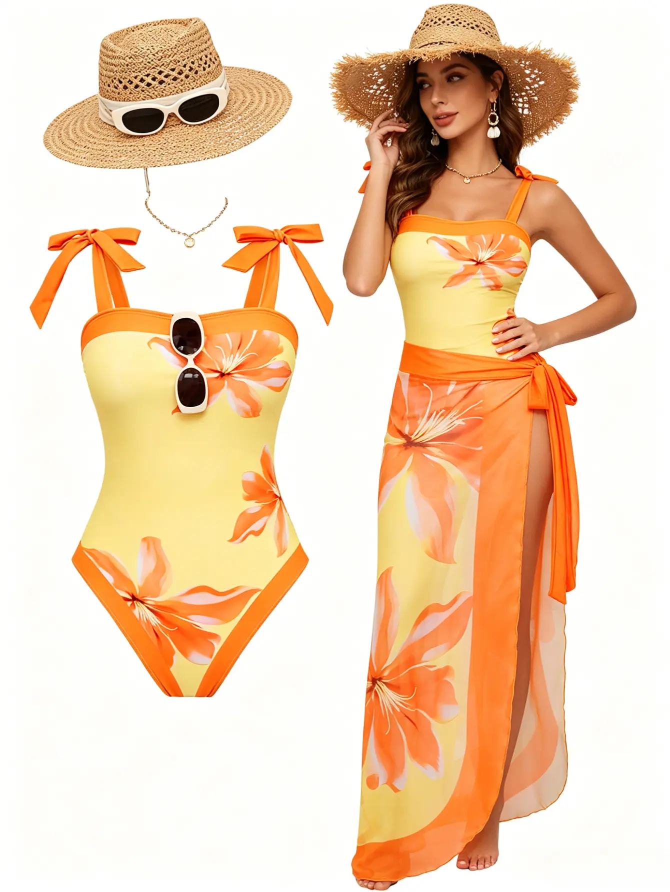2026 New 2 Piece Yellow & Orange Floral Print One Piece Swimsuit Set, Bow Tie Shoulder Straps Monokini + Matching Chiffon Wrap Sarong Cover Up, Elegant Bathing Suit for Beach Pool Vacation