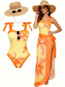 2026 New 2 Piece Yellow & Orange Floral Print One Piece Swimsuit Set, Bow Tie Shoulder Straps Monokini + Matching Chiffon Wrap Sarong Cover Up, Elegant Bathing Suit for Beach Pool Vacation