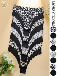 Women's Pure Color & Leopard Print Thong Panties, Wave Hem Design, Skin-Fit, No Roll Edge, Sports Fitness Yoga Invisibile Seamless
