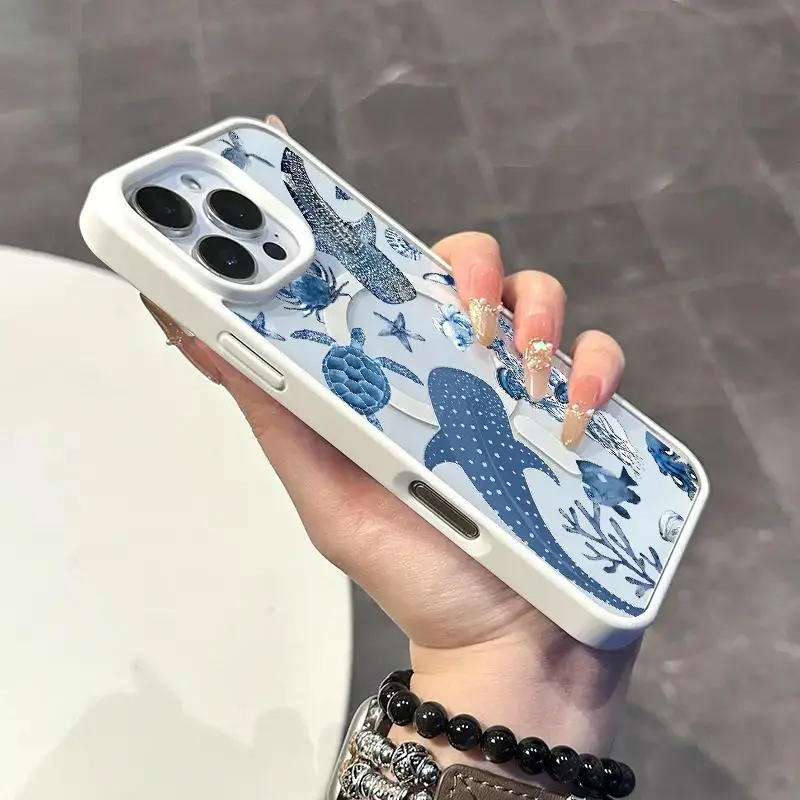 Aesthetic MagSafe Smartphone Case for iPhone 11/12/13/14/15/16 Pro Max, Ocean World Whale Turtle Print with Klein Blue Border, Wireless Charging Ready, Anti-Slip Grip Ultra-Thin Shockproof TPU Casing, Cellphone Protection Accessory, Multi-Model