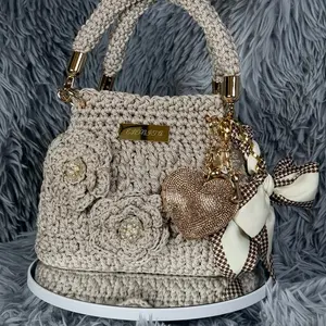 Beige Custom Purse with Heart Charm and Bow Accent