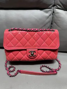 Pre-owned CHANEL Pink Quilted Patent Coco Shine Medium Flap Bag Silver Hardware
