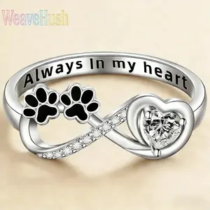 Elegant Diamond Encrusted Puppy & Cat Paw Print Ring, Heart Shaped Design Sparkling Band Ring, Luxury Cute Pet Paw Jewelry, Ideal Keepsake & Gift for Animal Lovers