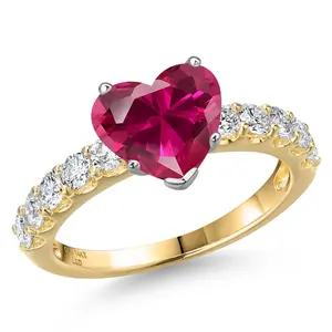 14K Two Tone Gold Red Created Ruby and Lab Grown Diamond Engagement Ring For Women | 2.35 Cttw | Heart Shape 8MM | Gemstone July Birthstone