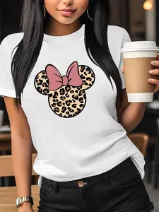 Women'S Casual Graphic Print T-Shirt, Short Sleeve Crew Neck, Leopard Print Bow Design, Lightweight Polyester, Perfect for Spring & Summer Outfits, Leopard Print Blouse, Trendy Animal Pattern, Comfortable Daily Wear, Relaxed Fit Top, Fashion Tee